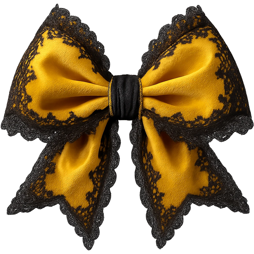 Add lace and velvet details to the gothic yellow bow in a photorealistic style. Keep the background transparent if possible. emoji