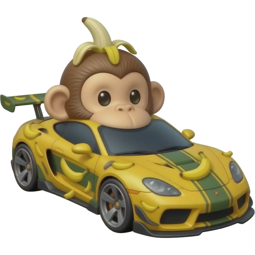 Мавп'яча машинка з тачок, вона спорткар, прикрашена бананами і хутром, ззаду звіст стирчить emoji
