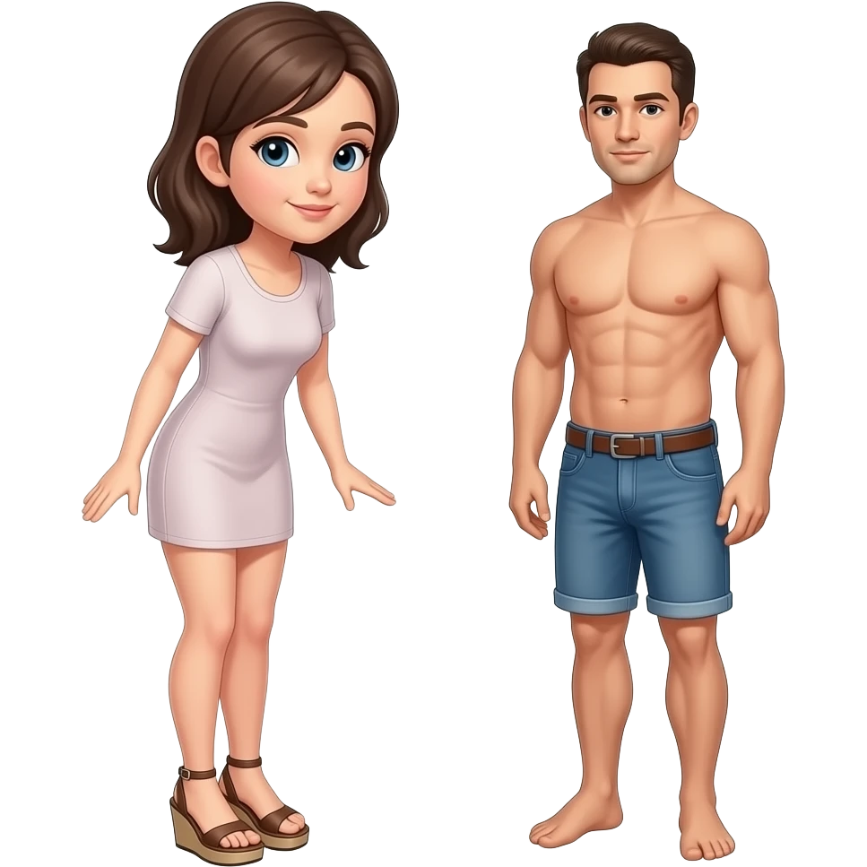 Naked woman, wedge sandals, slightly bent forward, standing directly in front of naked man emoji