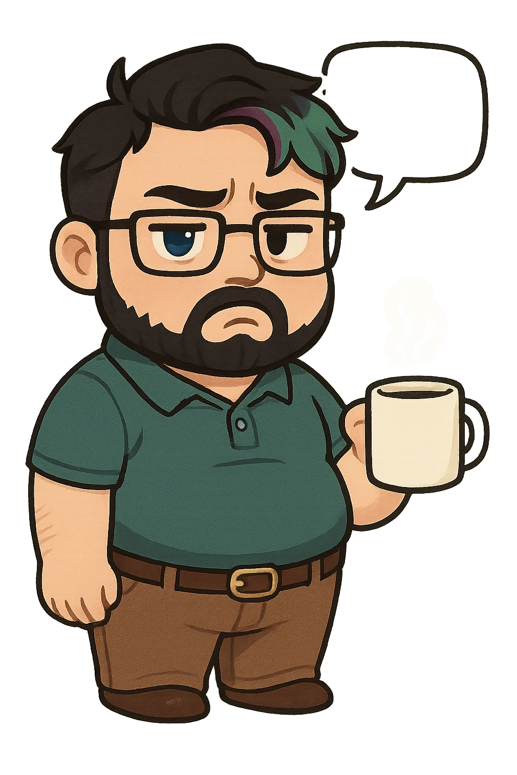 A realism art illustration art style of handsome plus-size man with black hair and a purple to green ombre streak, black beard, blue eye, glasses, dressed like a dad, holding a coffee mug, blank speech bubble, frowning  emoji