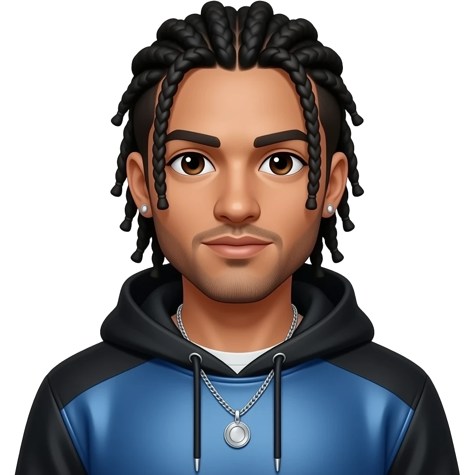 Hassan B from Fictional Characters with dark brown eyes, long black cornrows, black and blue metallic sweatshirt, silver necklace and earrings emoji