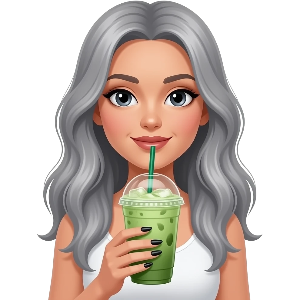 lady with black eyes and grey really long hair, long black nails and holding a big iced matcha, wearing a white top emoji