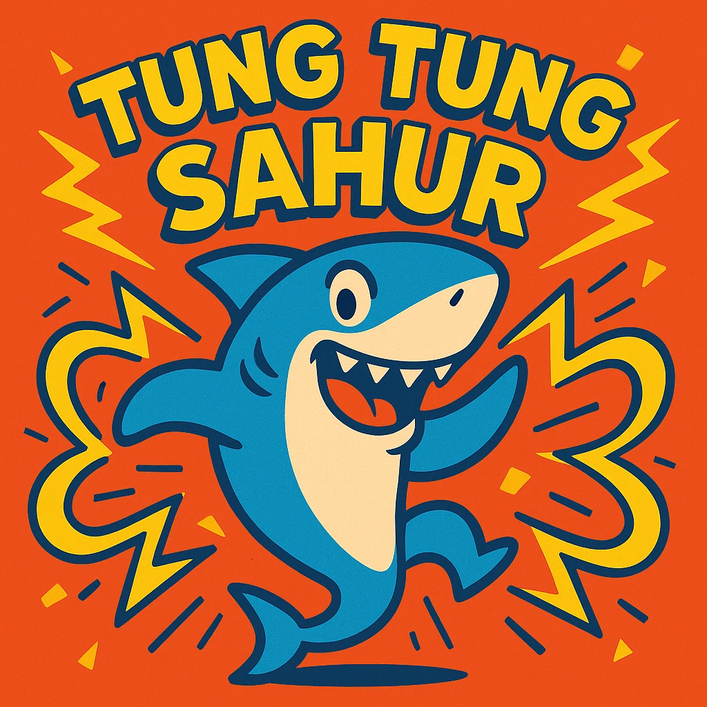 dancing shark surrounded by sound waves and 'tung tung tung sahur', energetic, cartoon style emoji