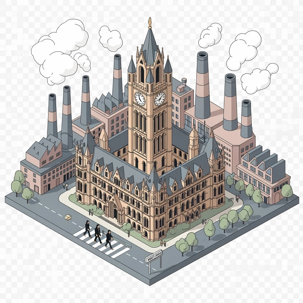 Isometric illustration of Manchester and Liverpool combined, featuring Beatles references (Abbey Road sign), Manchester Town Hall, toy-style factories, muted pastel tones, transparent background emoji
