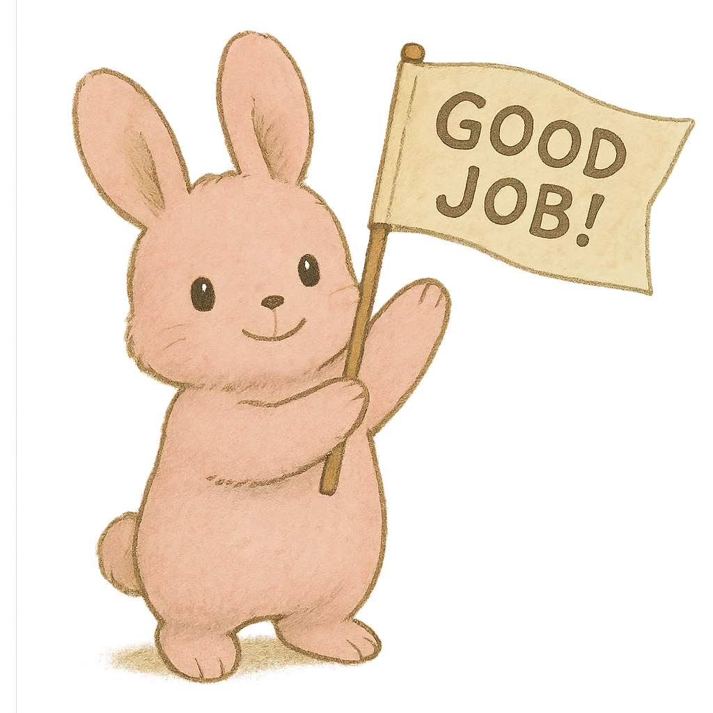 baby pink bunny waving a "Good Job!" flag, soft Ghibli style emoji