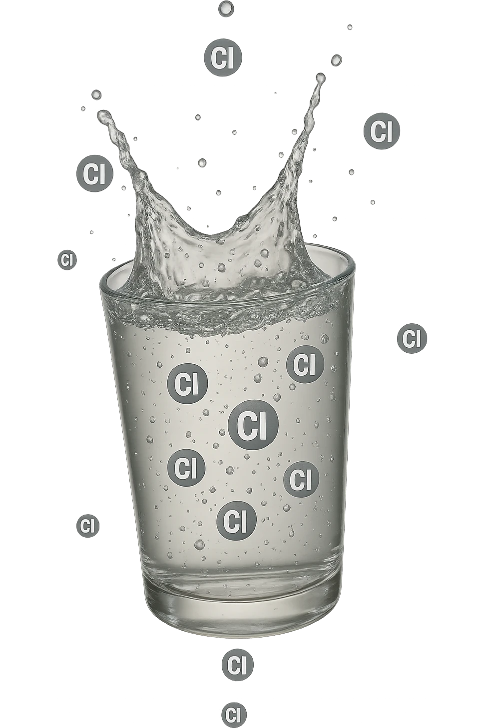un bicchiere di acqua cade verticalmente dall'alto realistico e dettagliato, dentro l'acqua del bicchiere ci sono particelle di cloro ben visibili con la scritta "Cl" sopra, ci sono particelle anche che escono dal bicchiere e fluttuano in aria verticalmente, mentre alcune sono all'interno dell'acqua nel bicchiere, iperrealistico 4k emoji