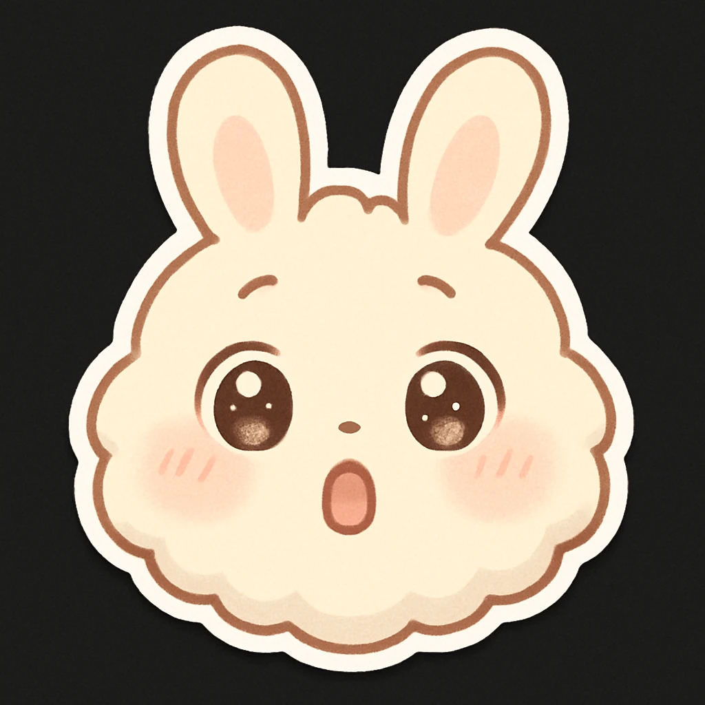 kawaii chibi-style bunny emoji with a round fluffy face, sparkly eyes, blushing cheeks, pastel color palette, surprised mood, soft rounded design, anime-style, black background, vector art emoji