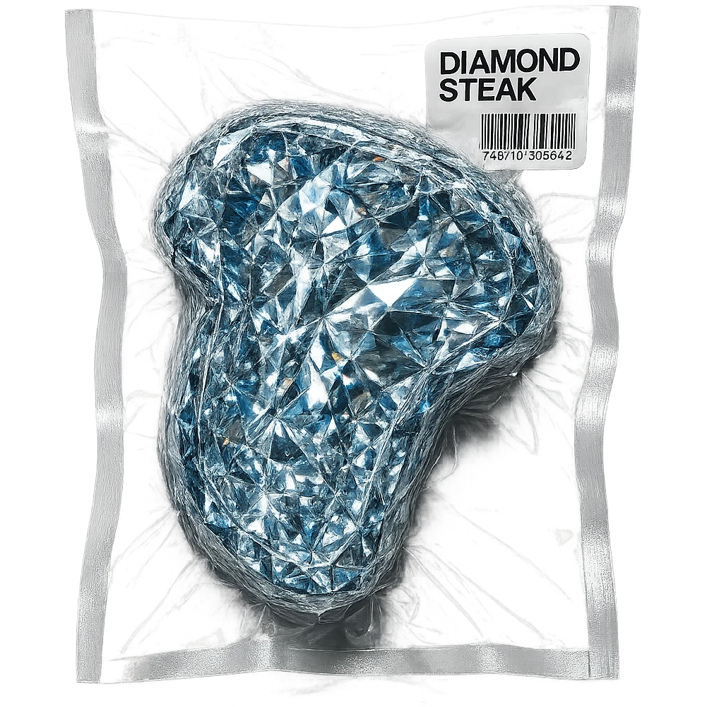 steak made of diamond, glossy and puffy, vacuum-sealed style emoji