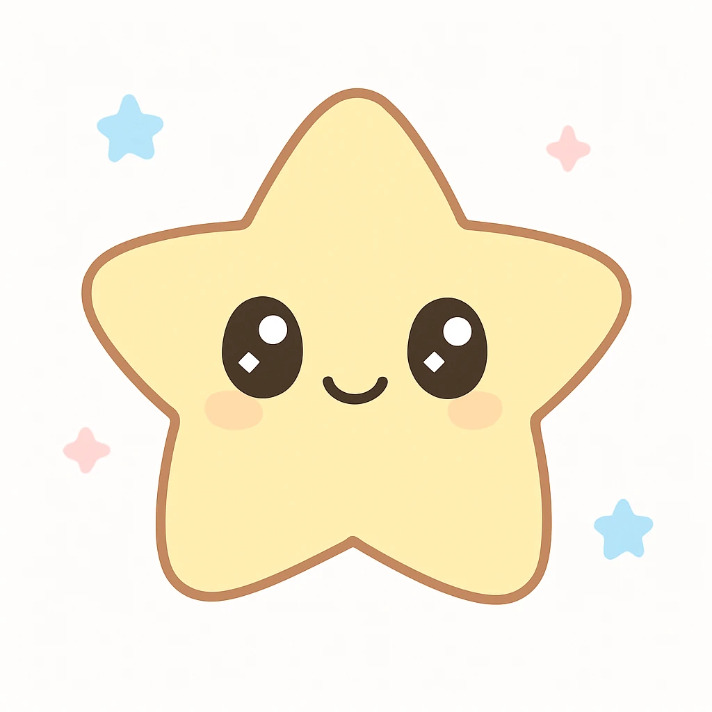 kawaii style cheerful star character, sparkly eyes, soft yellow, simple background emoji