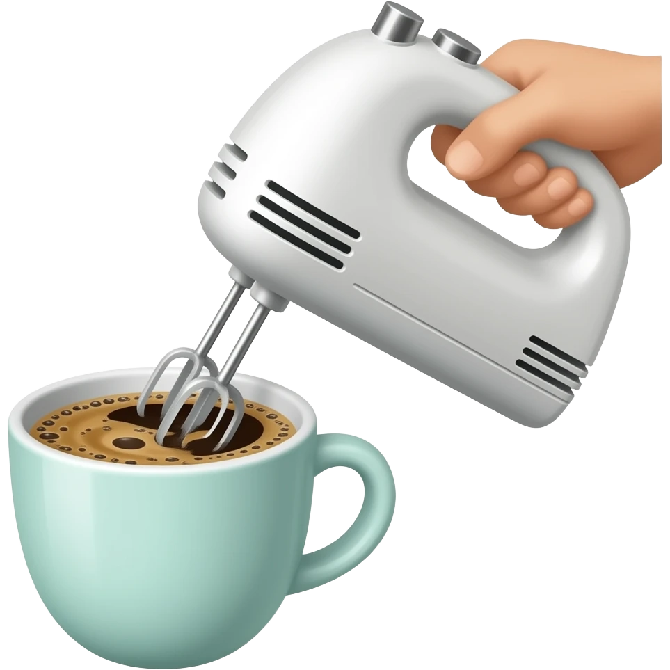 Minimal emoji-style illustration of coffee being mixed with a small handheld electric mixer (compact, fits in one hand). A cup with liquid coffee, visible swirling motion and light foam forming. Clean, simple shapes, warm brown tones, light pastel cup, centered, minimal background. emoji