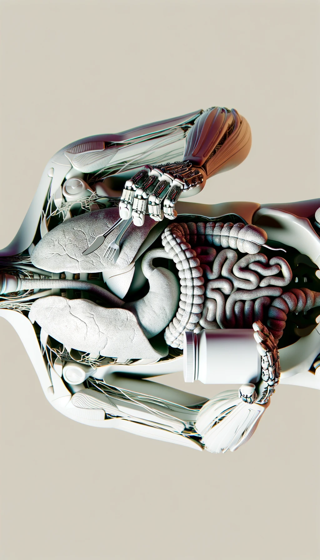 corpo umano anatomico con intestino umano anatomico realistico in evidenza che tiene nella mano destra una boccetta di integratore e nella mano sinistra delle banconote, sfondo neutro chiaro, iperrealistico 4k emoji
