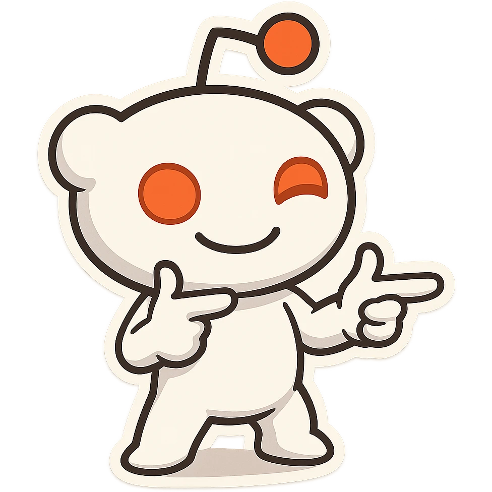 Snoo the Reddit mascot doing finger guns, playful, white body, orange antenna, simple background emoji