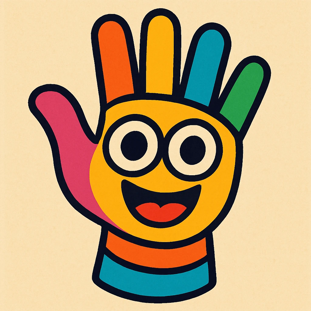 a playful cartoon style hand with eyes in the palm, colorful and lively emoji