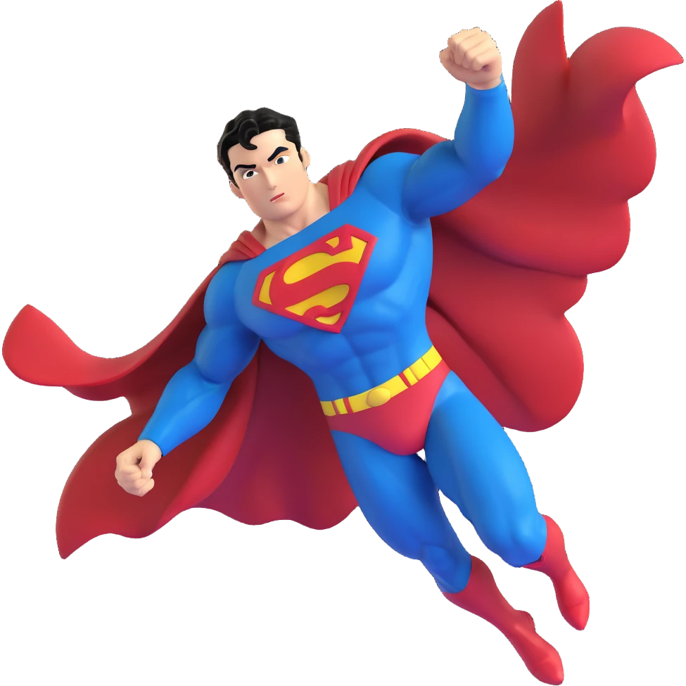 3D emoji of Superman, ultra-realistic and energetic, flying with a flowing red cape, blue suit, glowing yellow 'S' emblem, muscular build, chiseled jawline, signature black hair curl, dramatic sky and sunlight, vibrant and shiny emoji