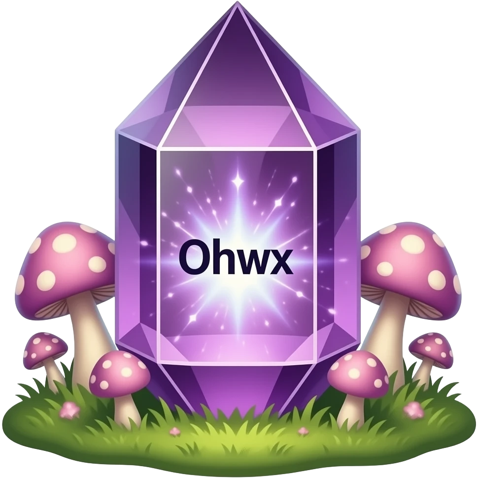 A text 'Text' carved out of a singular, transparent Amethyst crystal, internal glowing magical light, surrounded by soft glowing mushrooms, magical realism style, detailed, 3D, shimmering particles, fantasy illustration emoji