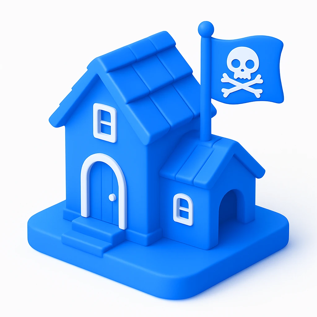 old pirate's house with skull flag emoji