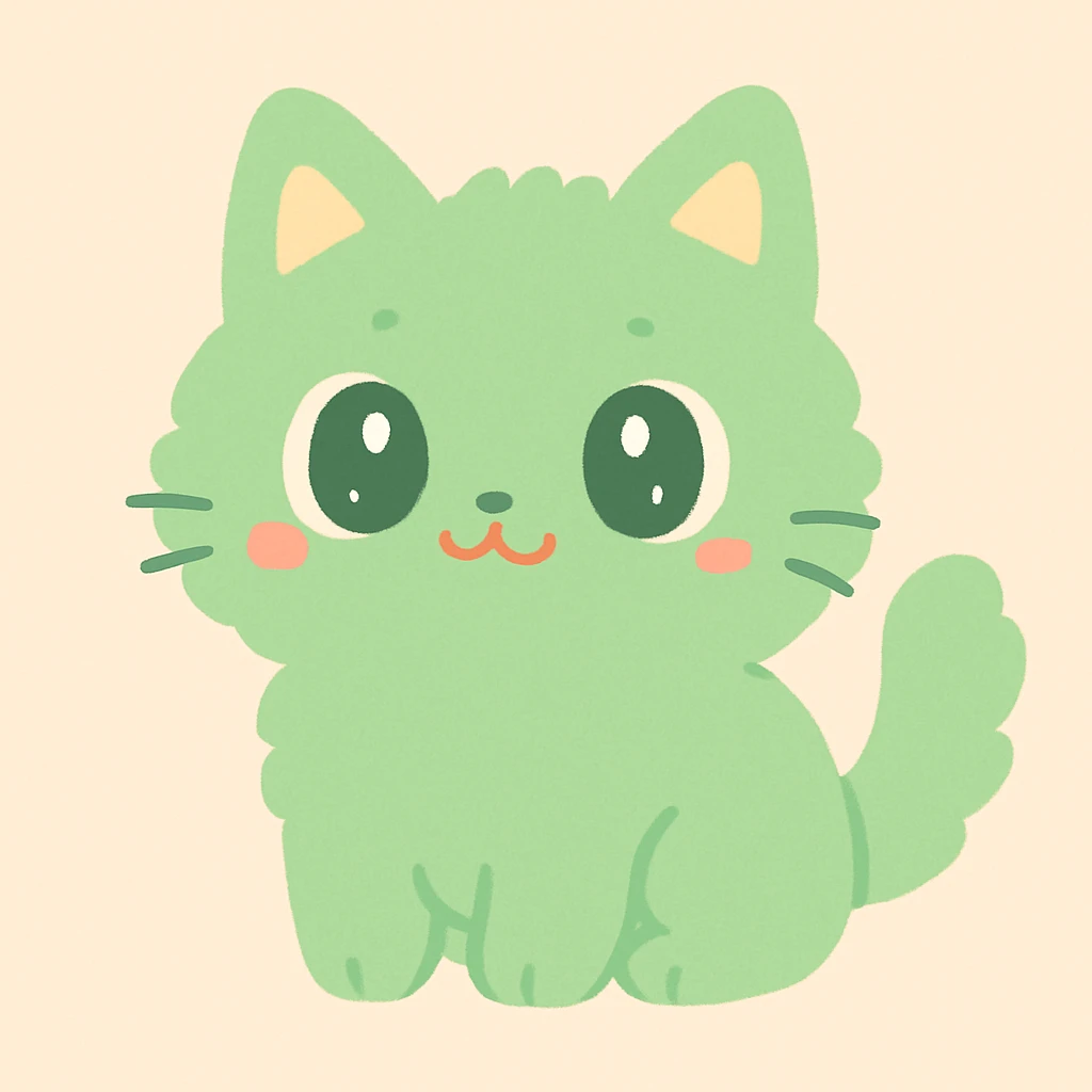 green fuzzy cute cat, soft fur, big eyes, playful expression, adorable, simple background emoji