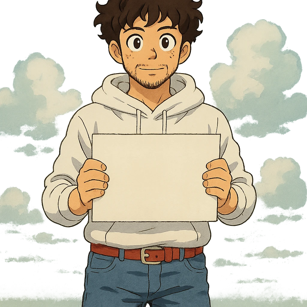 1 male, mid fade haircut dark chestnut brown curly hair, toasted lightskin, white hoodie sleeves up, fashion jeans, red fashion-sneakers shoes, red belt, short trimmed beard and goatee,  style of deku from "my hero academia", pose: holding a blank poster chest level emoji