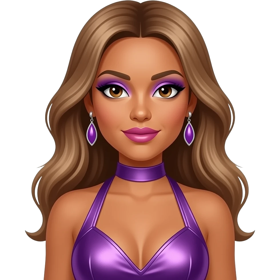 Melody Thornton from The Pussycat Dolls with dark skin, dark brown eyes, long light brown hair, purple eyeshadow, pink lipstick, purple metallic halter dress, earrings emoji