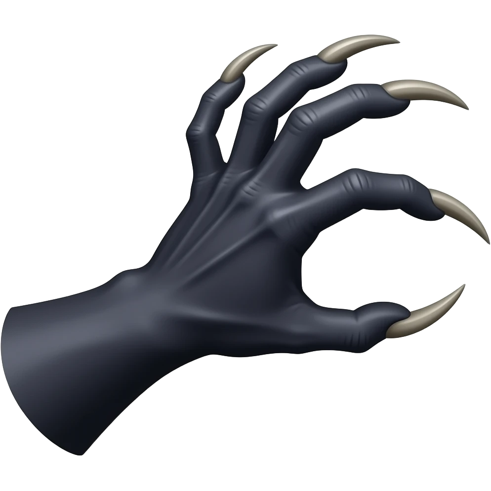 Long dark Demonic hand with sharp claws. Make the hand reach out to attack and slash towards the right of the image violently. Shift the perspective to a side profile to show the curvature and length of the claws more clearly. emoji
