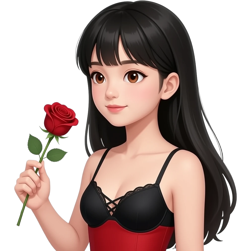 Asian girl with black long hair (no bangs), pretty brown siren eyes, a red dress, thin strap, with the top of a black bra showing laced, make her look attractive  have her head tilted to the side holding a blood red color rose make her look 15 years old and looking at the rose emoji