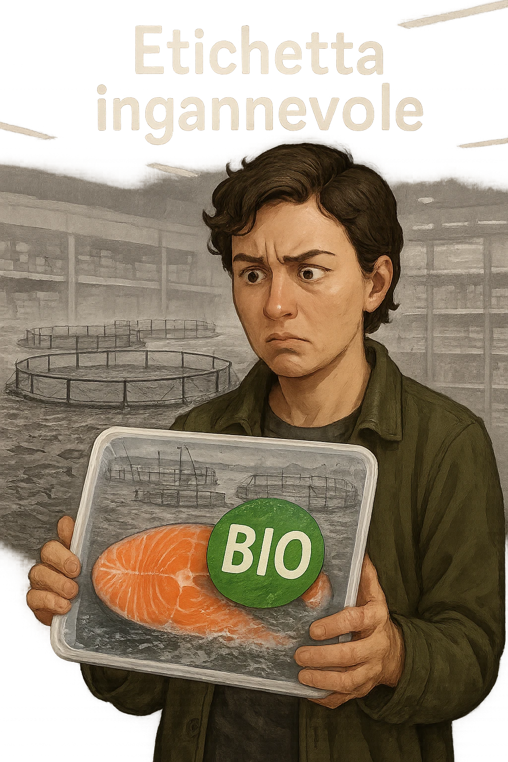 Scena in un supermercato moderno: uomo o donna tiene in mano una confezione di salmone etichettata 'BIO', con un grande bollino verde. Ma in trasparenza, dietro l’etichetta, si intravede un allevamento intensivo di salmoni in gabbie marine, acqua torbida e pesci ammassati. Espressione del cliente confusa e sospettosa. Sopra la testa, testo simbolico fluttuante: 'Etichetta ingannevole'. Colori contrastanti: confezione brillante ma realtà di fondo grigia e artificiale. Stile realistico con elementi simbolici forti emoji