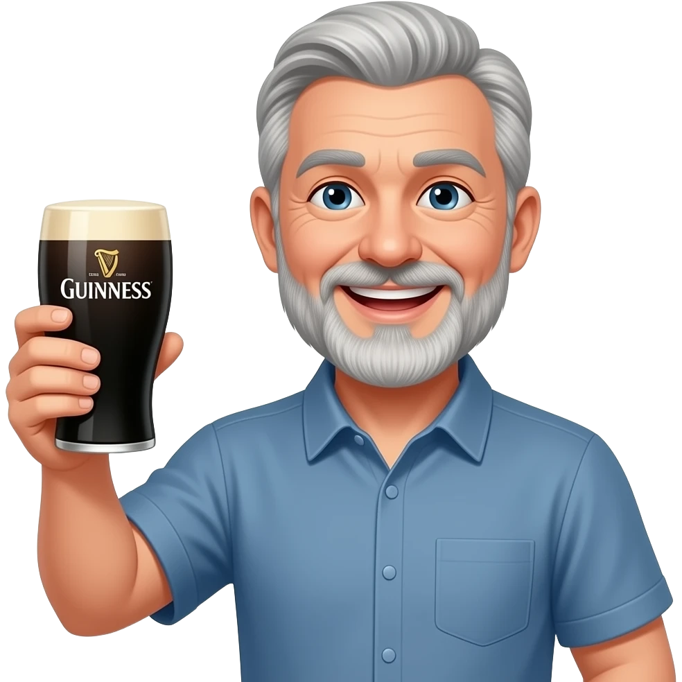 Smiling grey haired man with beard raising a glass of Guinness emoji