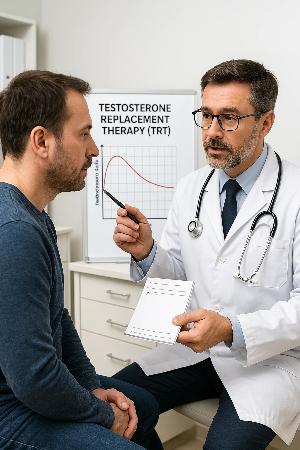 a man in his 40s sits in a doctor’s office, listening attentively as a physician explains TRT (Testosterone Replacement Therapy). The doctor holds a prescription pad and points to an educational chart showing testosterone levels. The mood is professional and informative, with a clean, clinical background. in italiano emoji