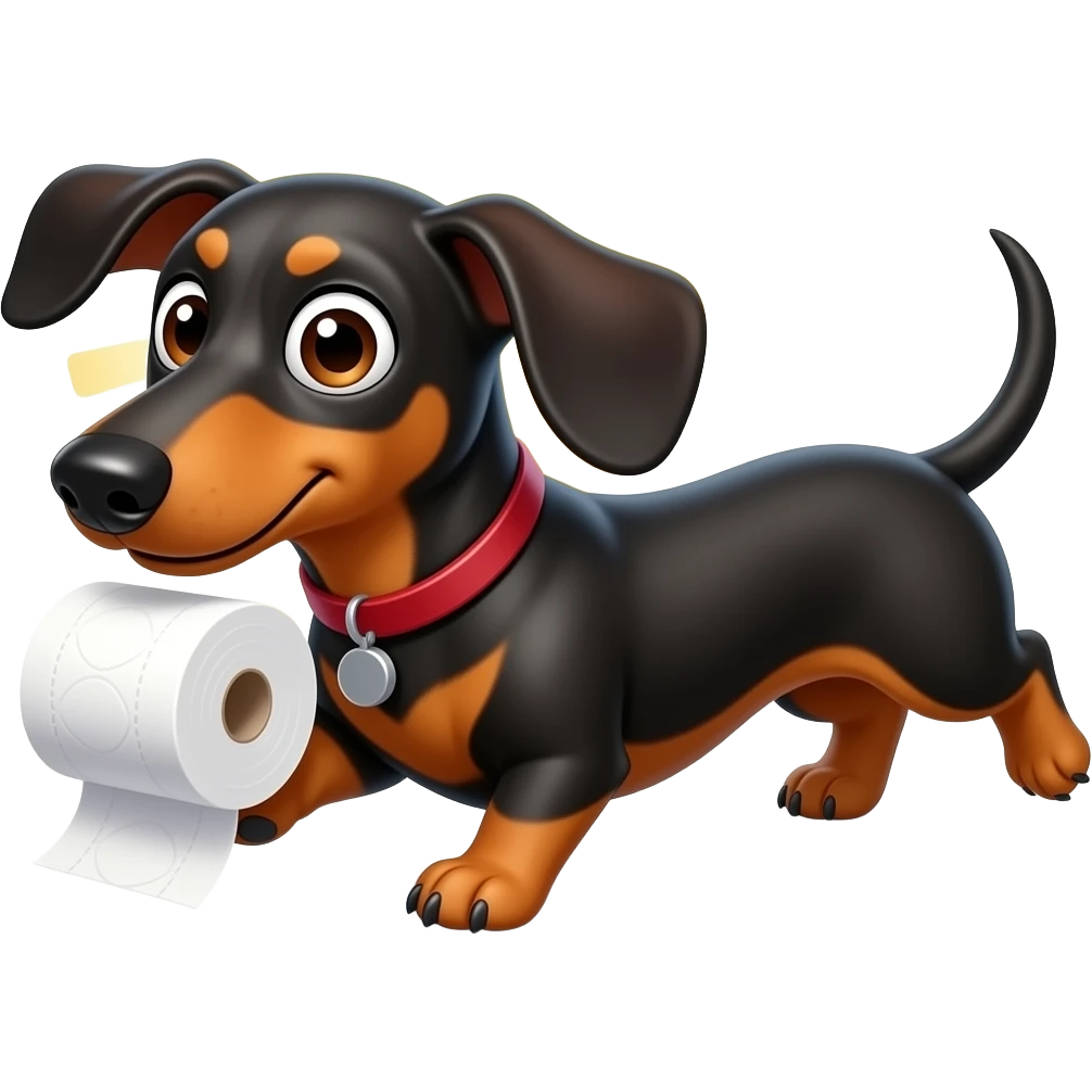 whimsical dachshund wide eyes full body chasing toilet paper emoji