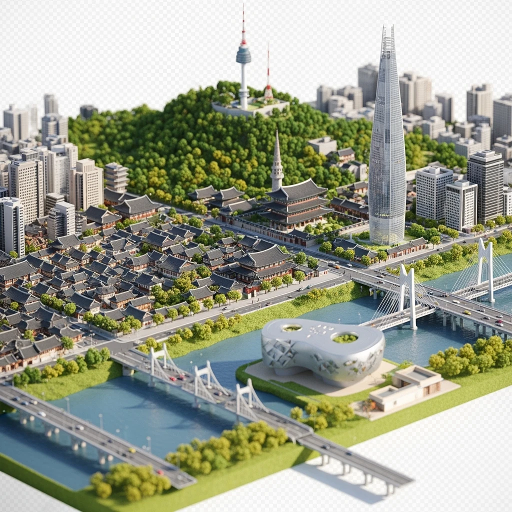 Isometric diorama of Seoul typical houses, Namsan Seoul Tower, Gyeongbokgung Palace, Lotte World Tower, Dongdaemun Design Plaza, and Han River bridges, 3D miniature effect and Tilt Shift effect, no cartoonish look, transparent background. emoji