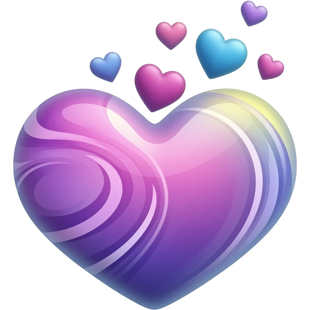Purple, pink, blue, yellow swirl in a big with smaller hearts the same colors rising up above the big heart emoji