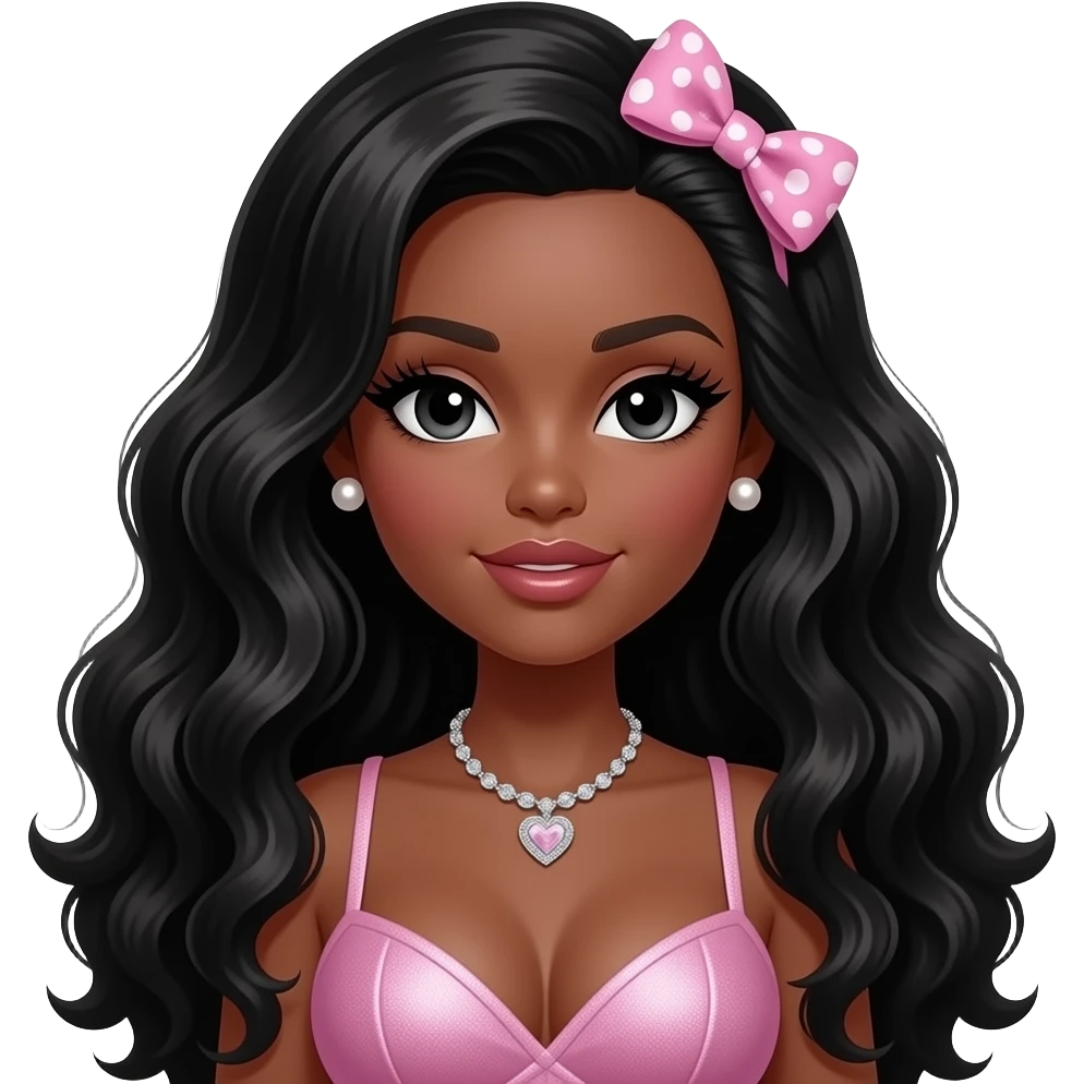 Long giant lashes, my melody hairclip, Doll faced shaped, swarovoki heart necklace, Pearl earrings studs, bimbo, black doll eyes, barbie, dark brown skin with long curly black hair,, big breast emoji