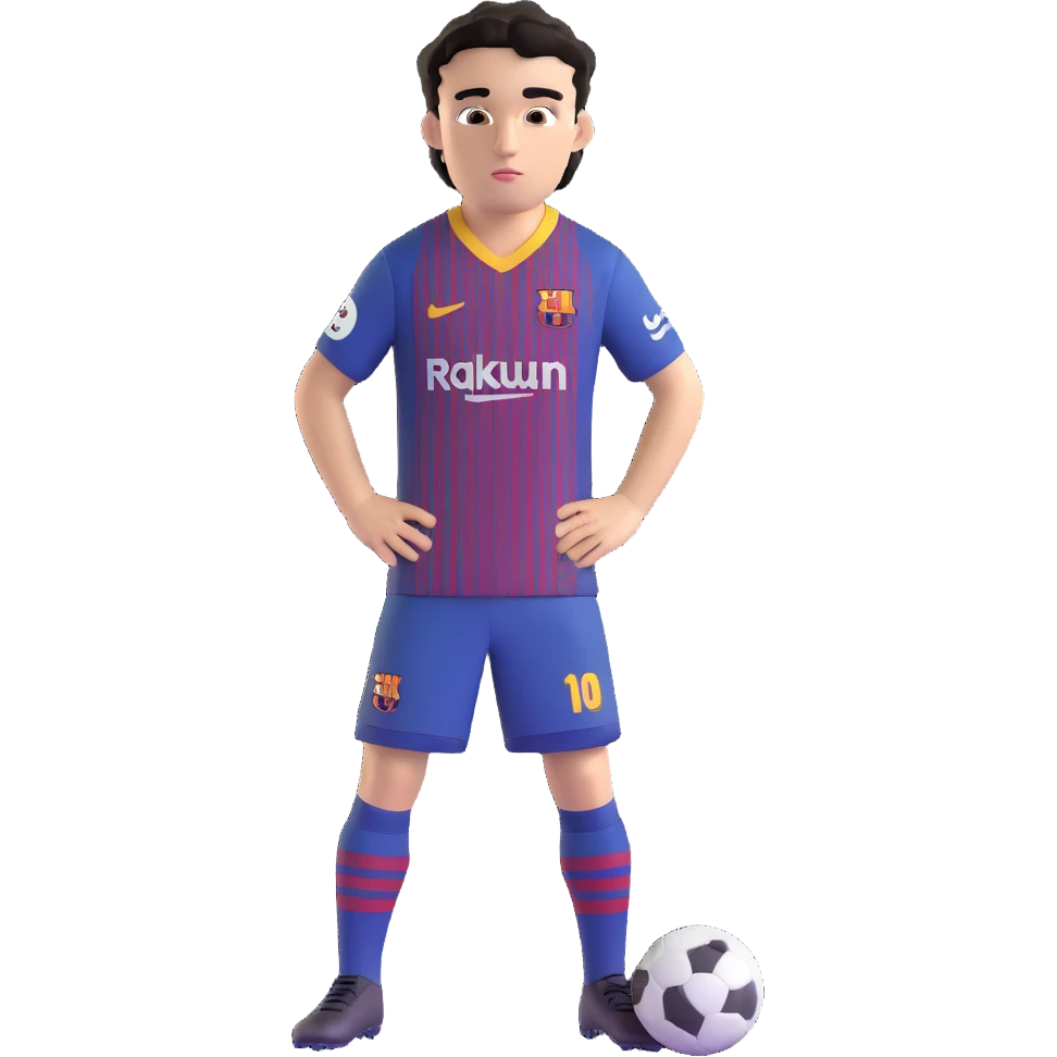 young male footballer with short curly black hair, brown eyes, confident look, in FC Barcelona kit, oversized eyes, smooth shading emoji