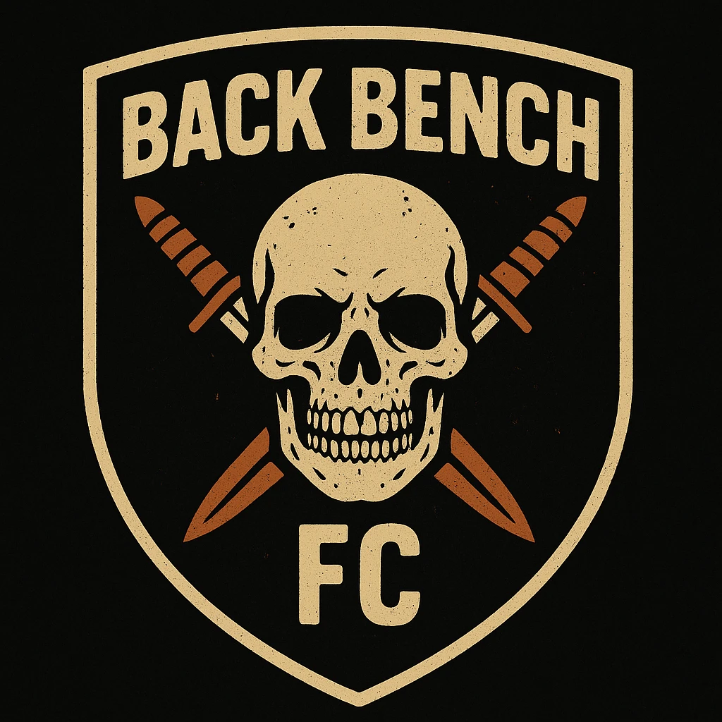 shield-shaped football logo for 'Back Bench FC' with deep black background, bold distressed off-white 'BACK BENCH' at top, worn detailed skull with sinister smile at center, two large daggers crossed behind skull, 'FC' in distressed off-white at bottom, thick beige outline, sharp edges, minimal color, gritty dangerous aesthetic emoji