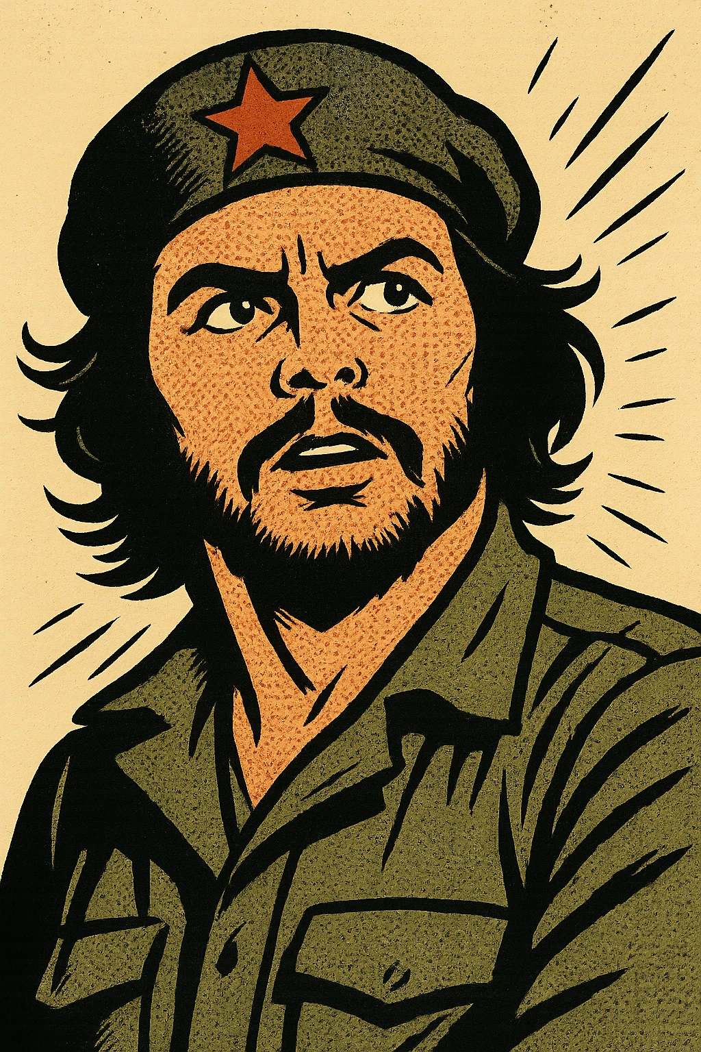 A person who looks like Che Guevara looking revolutionary emoji