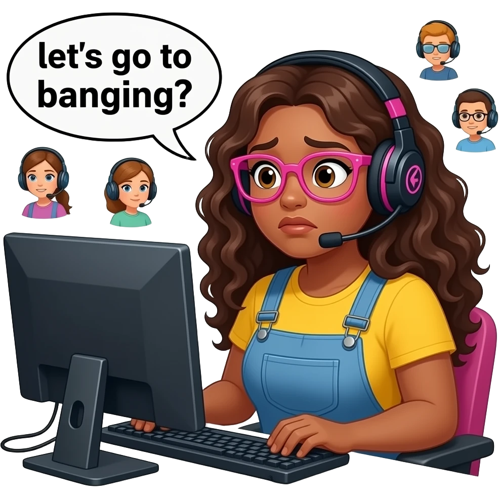 A curvy tan woman with long curly hair and pink glasses, wearing overalls and a yellow shirt, wearing a gaming headset,sitting at her computer, looking anxious, speech bubble saying "let's go to banging?" And some floating avatars of people in gaming headsets emoji