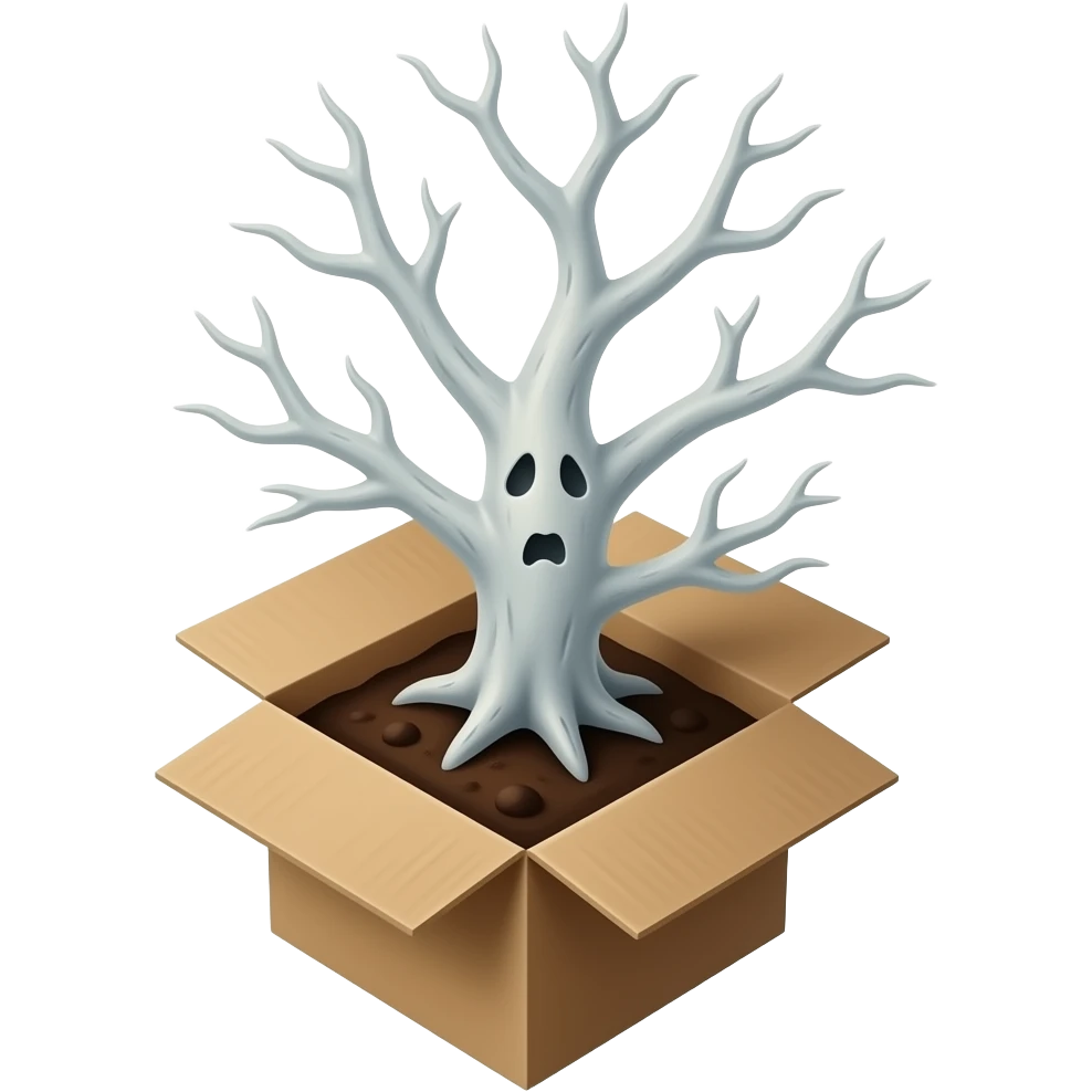surrealistic - white bare haunted tree grows in a damaged box emoji
