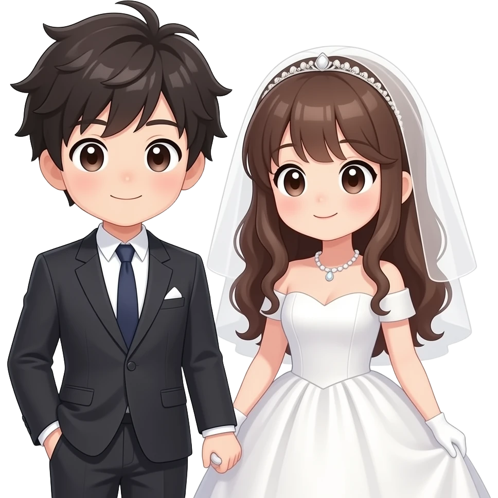 Make an cute anime couple blown hair ,the boy is wearing suit and the girl is wearing a big gown full head to toes the bride isn't wearing anything on head tho she has hair emoji