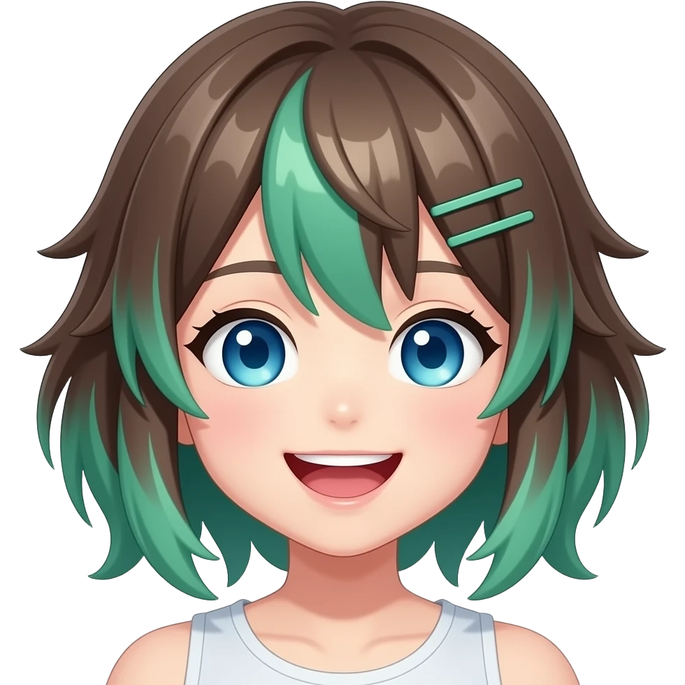 Brown and green hair with blue eyes vtuber laughing emoji