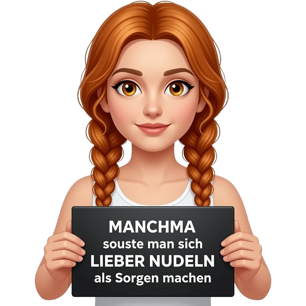 sexy girl with long ginger braids and ginger eyes wearing a white tanktop is holding a black sign with MANCHMA sollte man sich LIEBER NUDELN als Sorgen machen written on it emoji