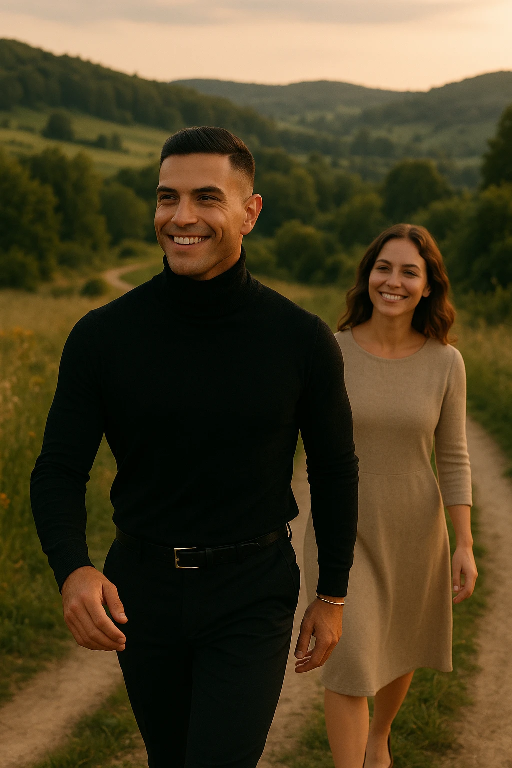 a man and a woman walk together along a winding path in a natural landscape. In one version, the woman leads confidently while the man follows a few steps behind, looking at lei con ammirazione. In un’altra versione, i ruoli sono invertiti, con l’uomo che guida e la donna che lo segue sorridendo. La scena trasmette l’idea che entrambi possano guidare o seguire, a seconda del momento. emoji