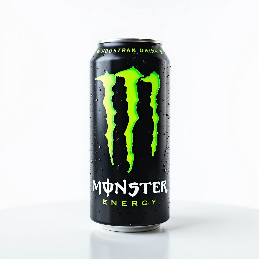 photorealistic monster energy drink can on a white background with metallic texture, neon green logo, condensation droplets emoji