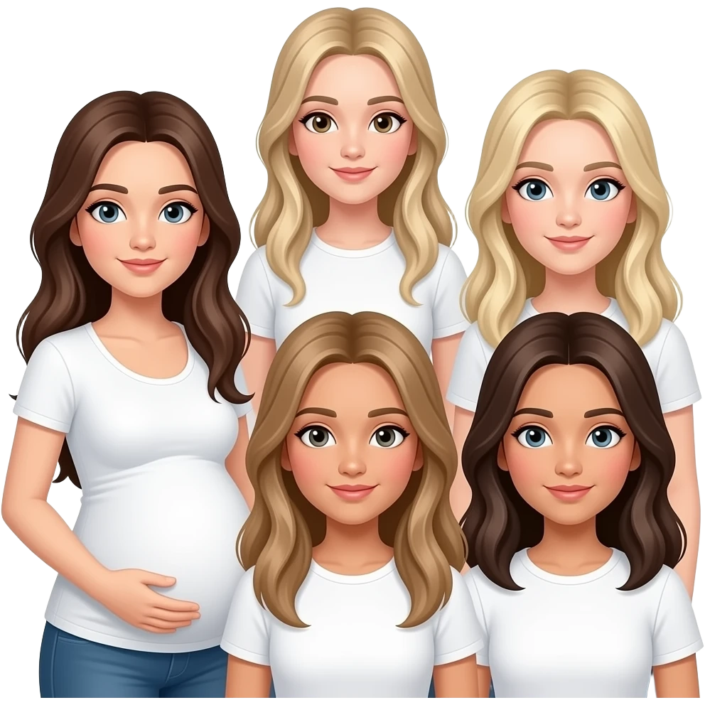 5 white girls with long hair : 1 brunette who is pregnant, 1 dirty blonde tall thin, 1 blonde thin, 1 dirty blonde thin, 1 brunette Italian emoji