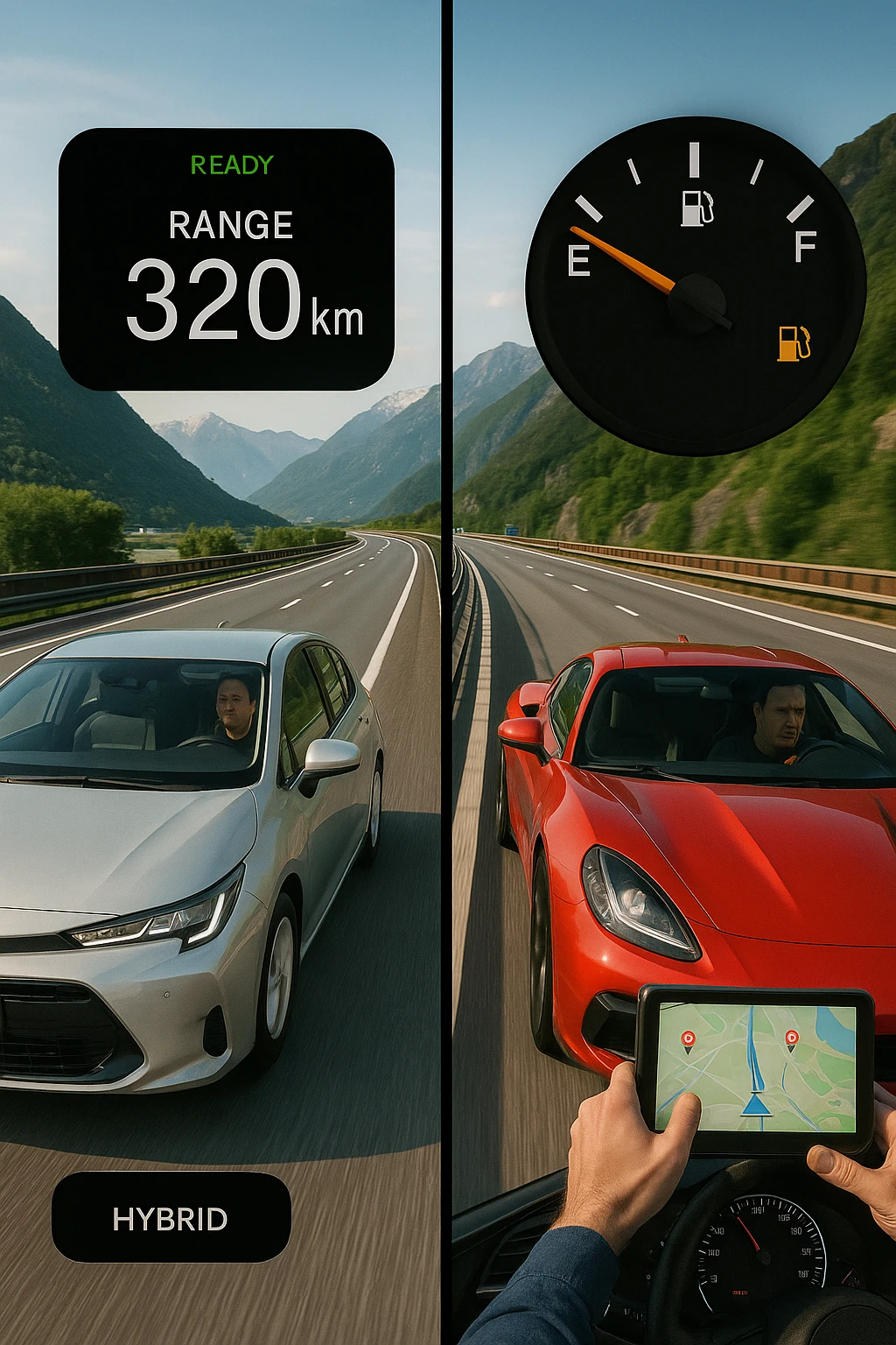 "Split screen highway scene: left side fuel-efficient hybrid car smoothly cruising at optimal speed with digital display showing remaining range 320km, serene driver with relaxed expression; right side gas-guzzling sports car speeding aggressively with fuel gauge rapidly dropping toward empty, stressed driver checking gas stations on GPS, Italian autostrada stretching endlessly ahead, mountain landscape backdrop" emoji