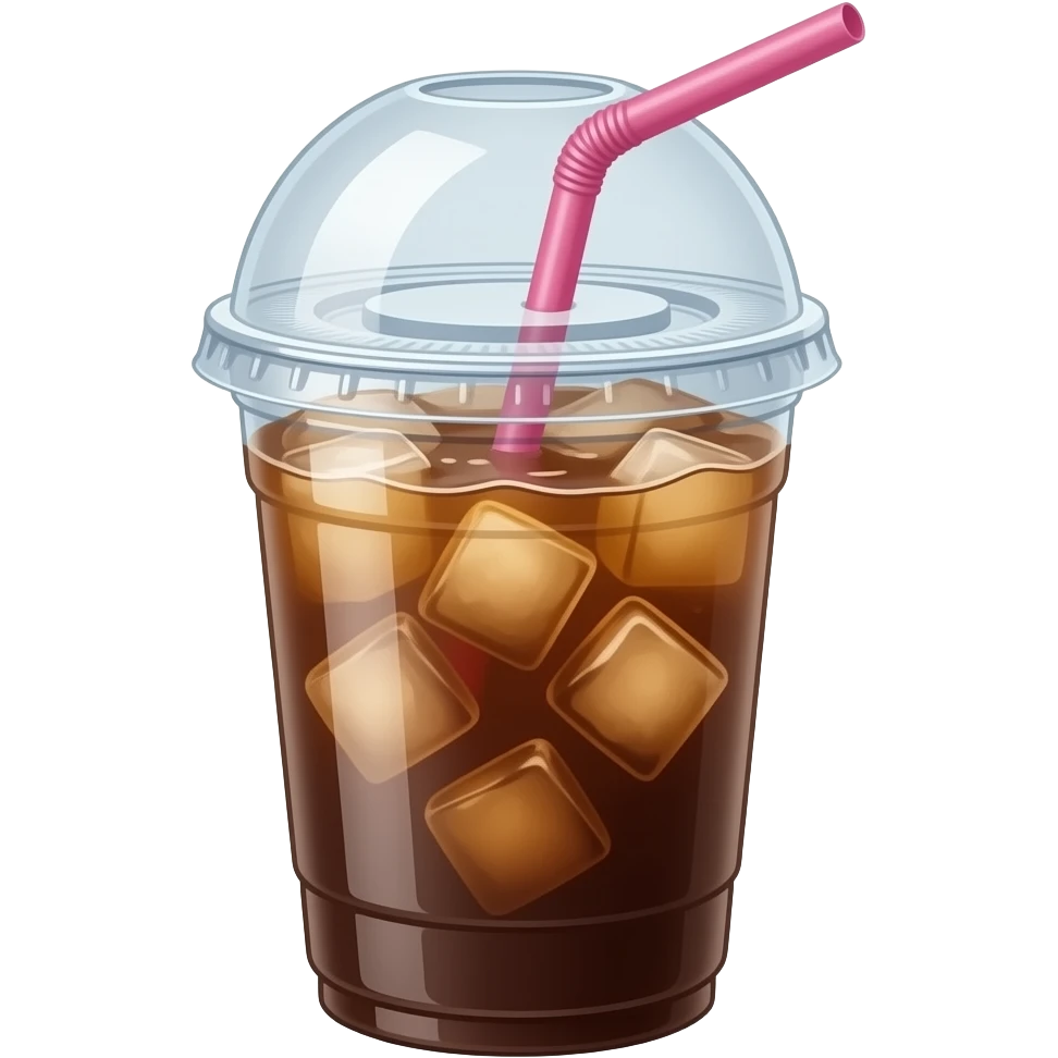 Iced coffee in to-go cup, flat lid, pink straw, little creamer emoji
