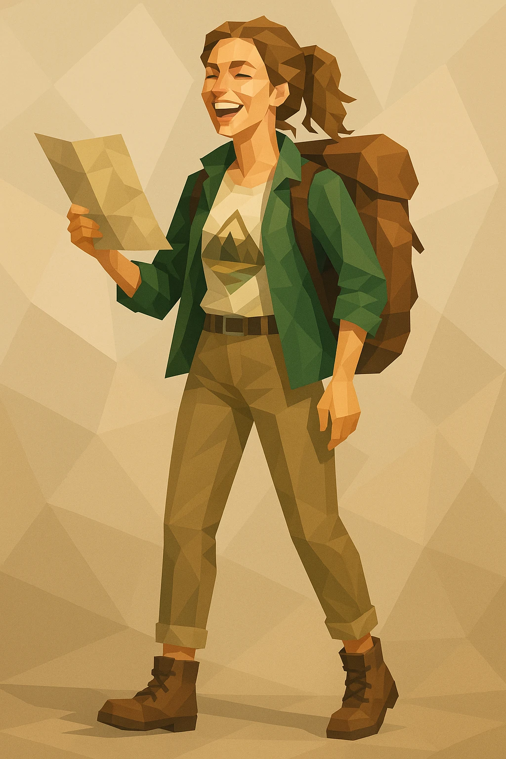Free-spirited female adventurer, Caucasian, wavy light brown hair tied loosely, wide open smile, wearing a forest green jacket over a graphic tee, holding a map in one hand, with a backpack, full-body view emoji