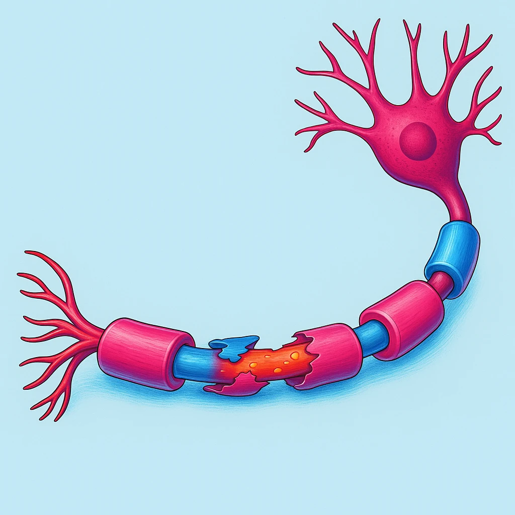 Make the neuron and myelin sheath illustration more colorful with vibrant medical colors, enhancing the vibrancy and clarity of the medical illustration. emoji