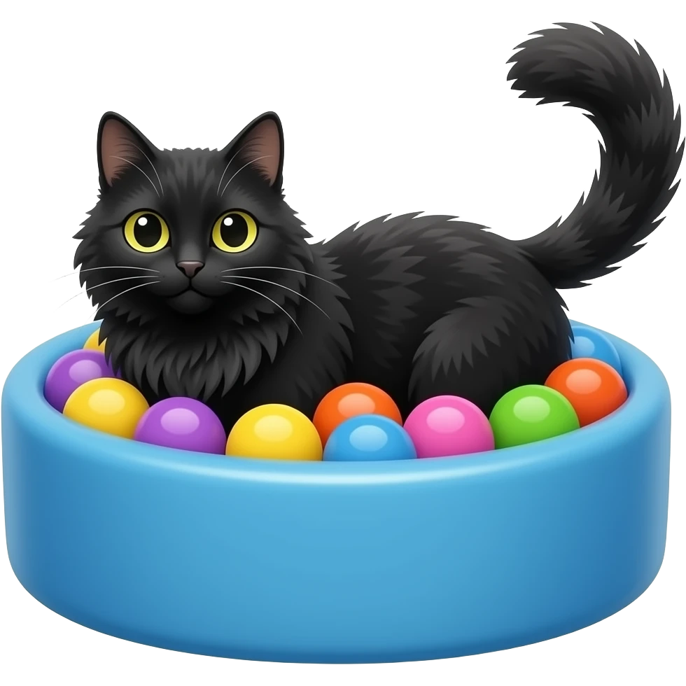 a black long-haired cat in a colorful ball pit emoji