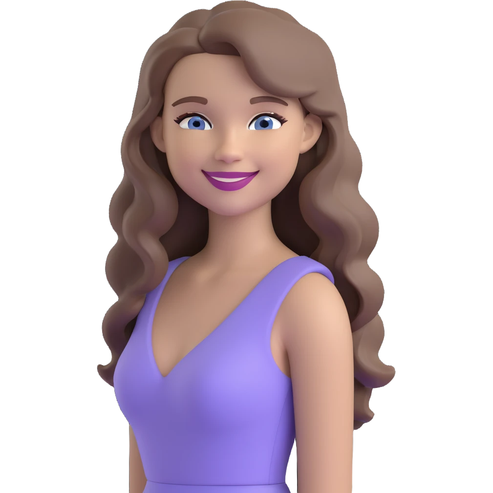chic emoji of a pretty woman smiling sweetly, with long, slightly curly light ash brown hair, blue eyes, nude lipstick, wearing a snug light purple (almost lilac) dress, elegant and stylish vibe emoji