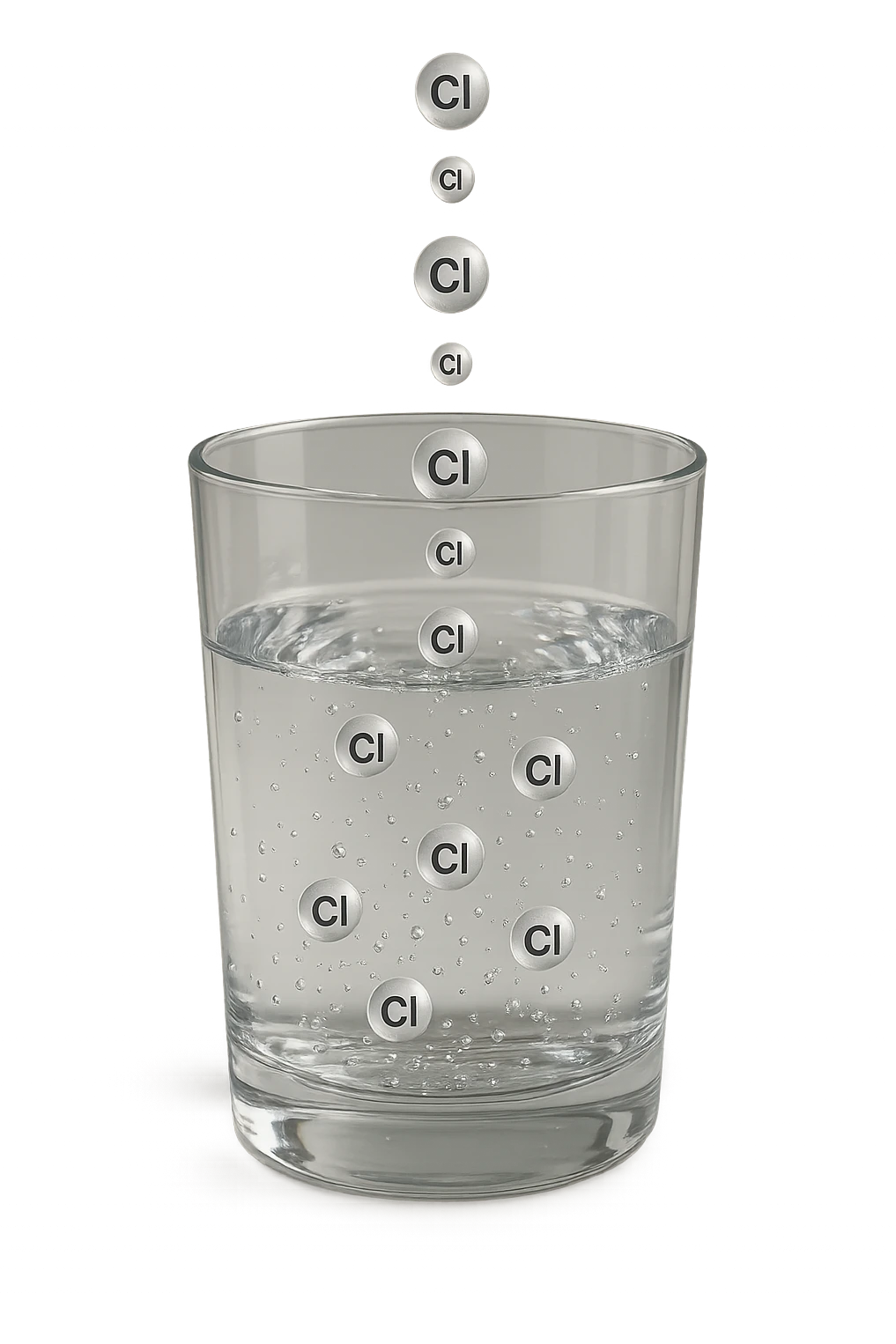 un bicchiere di acqua realistico e dettagliato fluttua in aria, dentro l'acqua del bicchiere ci sono particelle di cloro ben visibili con la scritta "Cl" sopra, ci sono particelle anche che escono dal bicchiere e fluttuano in aria verticalmente, mentre alcune sono all'interno dell'acqua nel bicchiere, iperrealistico 4k emoji